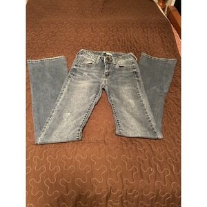 SO Bootcut Jeans Blue Denim Button Accents Zip Closure Pockets Women